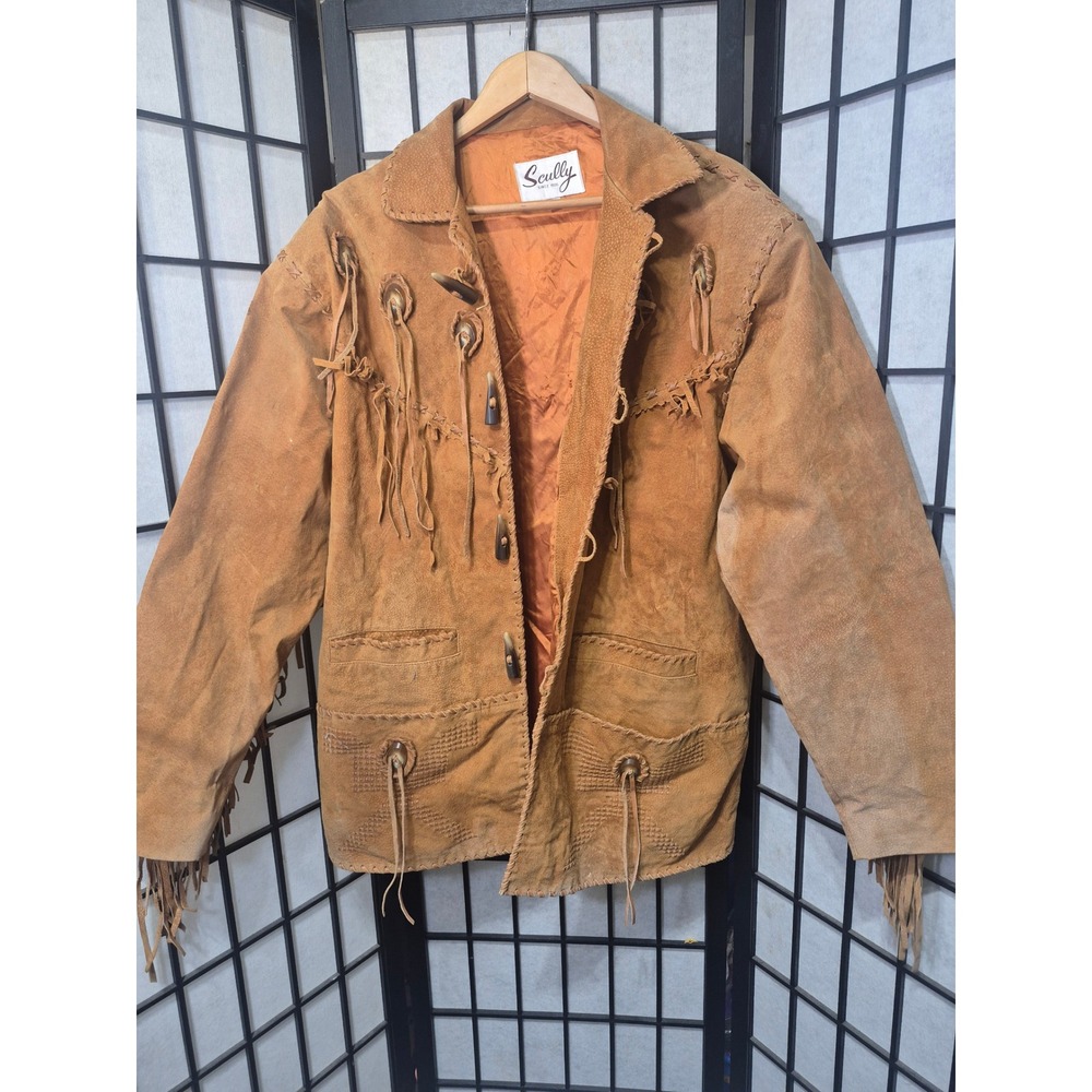 Vintage Scully Suede Fringe Western Jacket Tan Leather Horn Toggles Size 42